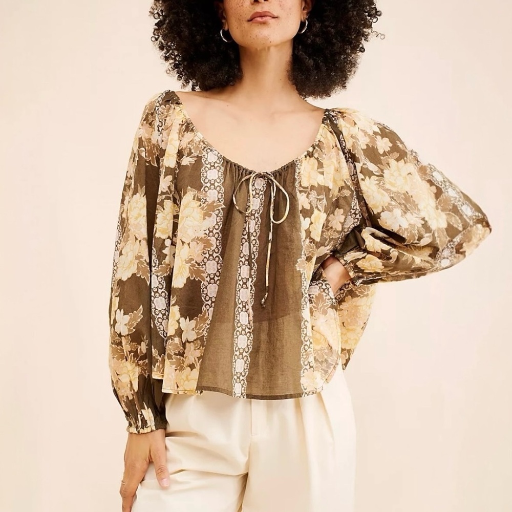 Free People Elena Printed Top Size XS Floral Relaxed Fit Tie Front Brown Multi